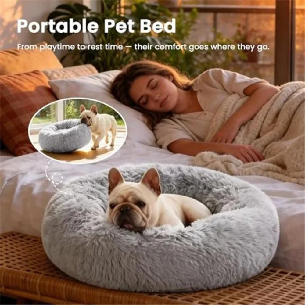 Calming cat bed round donut pet bed fluffy faux fur small medium dogs cats grey